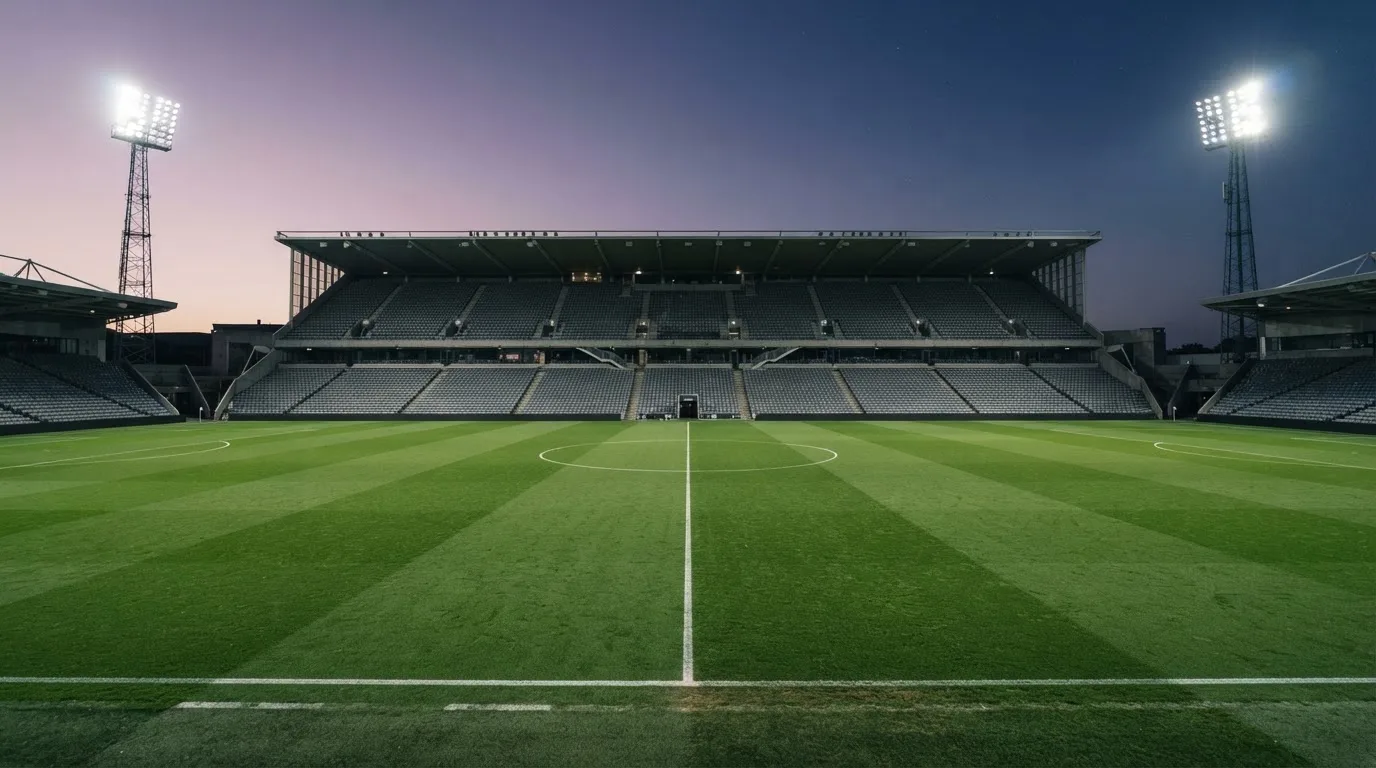 Een leeg voetbalstadion met lichtmasten bij schemering
