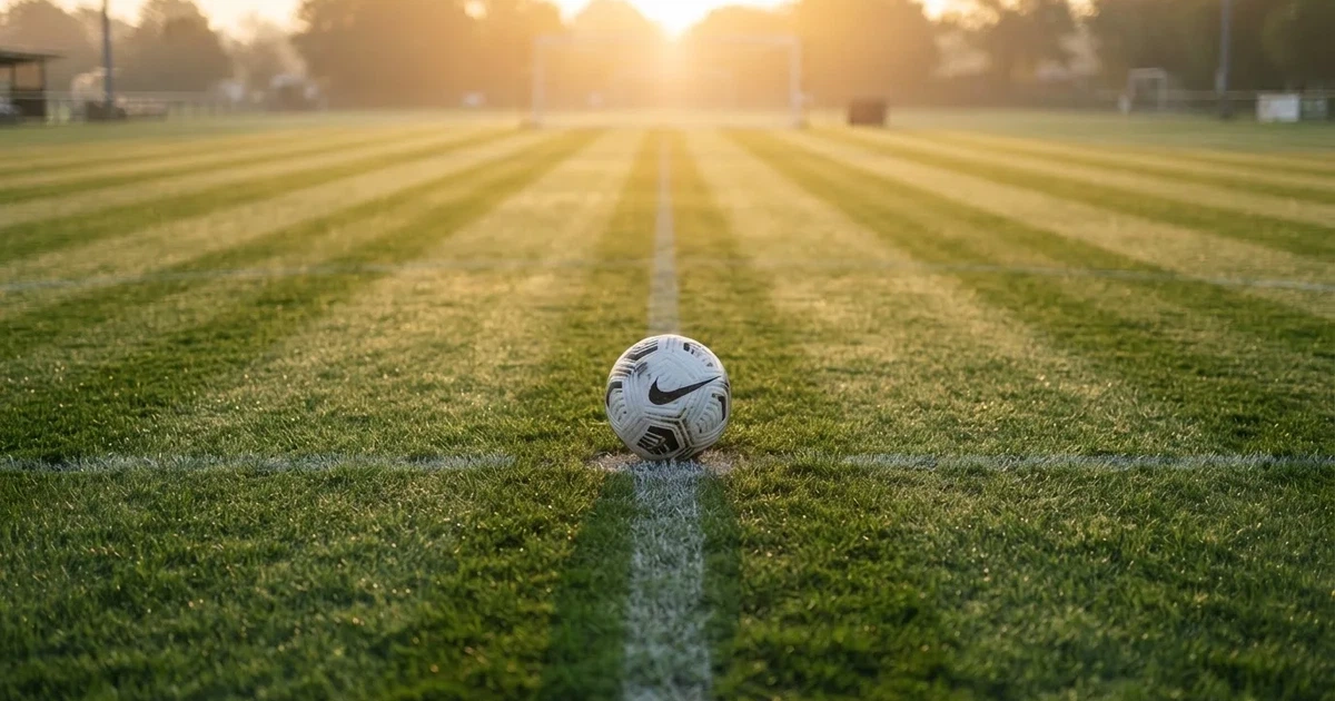 Een voetbal op de middenstip van een grasveld in het ochtendlicht