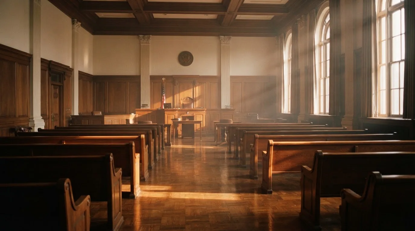 Een lege rechtszaal met houten banken in het ochtendlicht