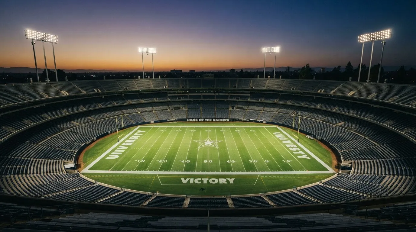 Een leeg voetbalstadion met lichtmasten bij schemering
