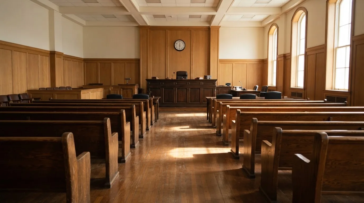 Een lege rechtszaal met houten banken in het ochtendlicht