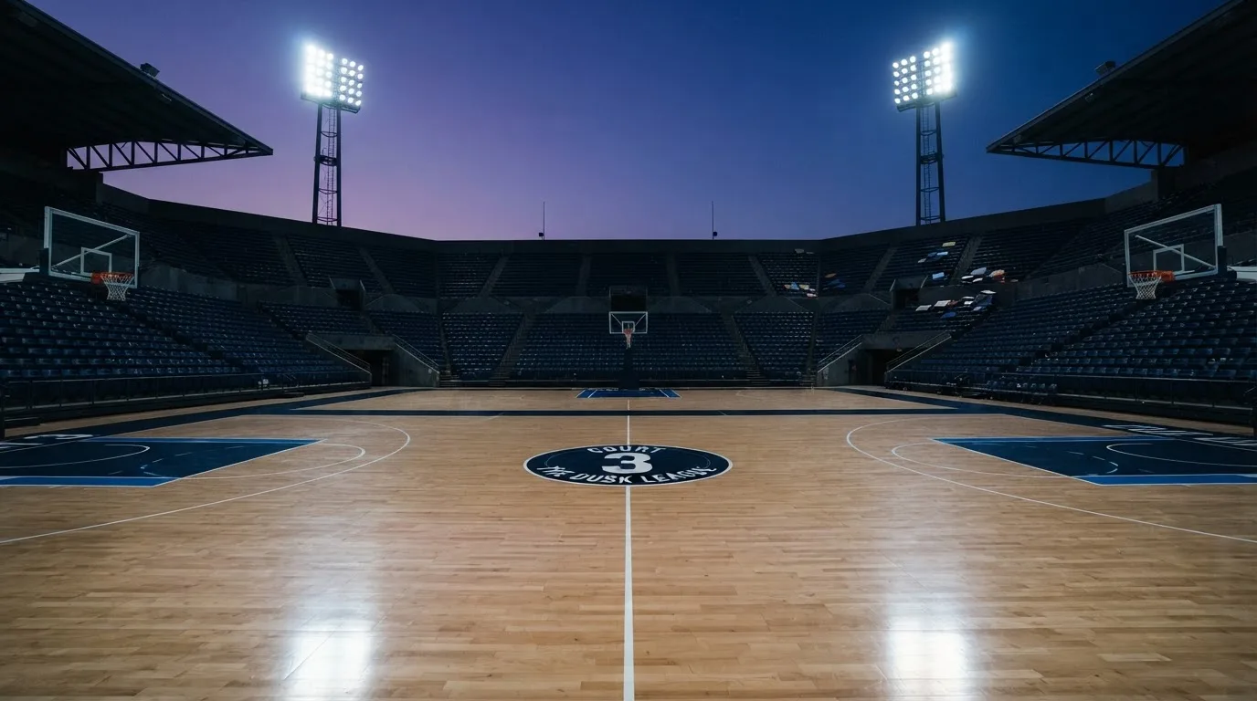 Een leeg voetbalstadion met lichtmasten bij schemering