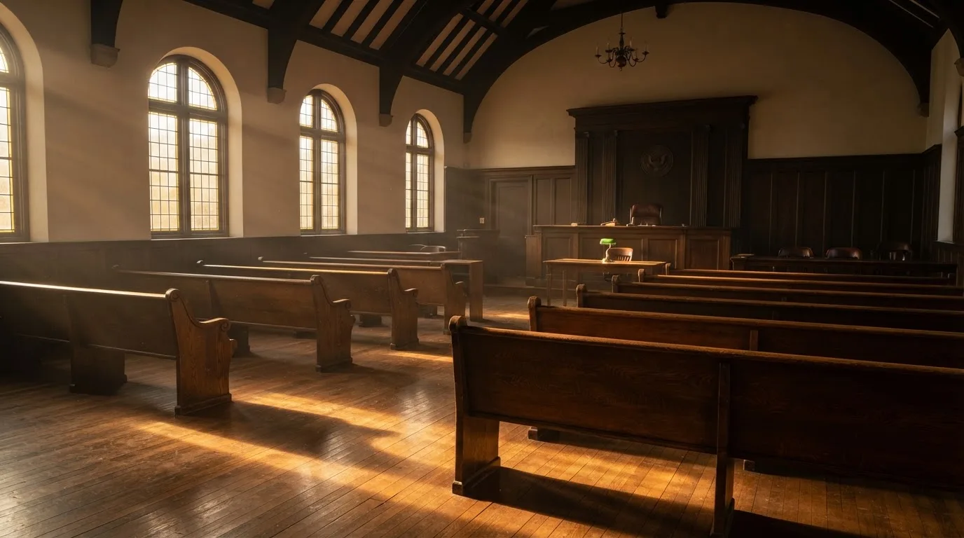 Een lege rechtszaal met houten banken in het ochtendlicht