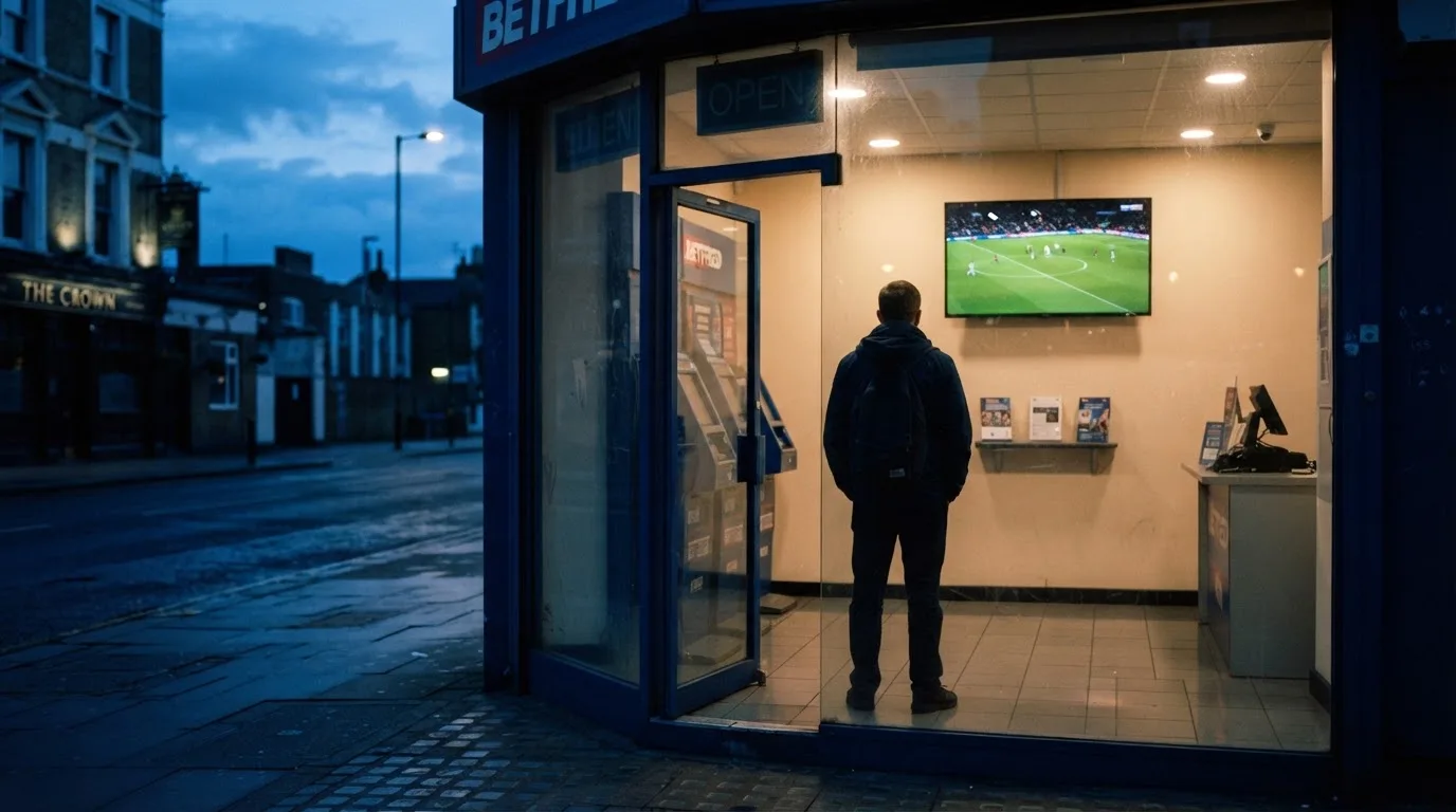 Een leeg voetbalstadion met lichtmasten bij schemering