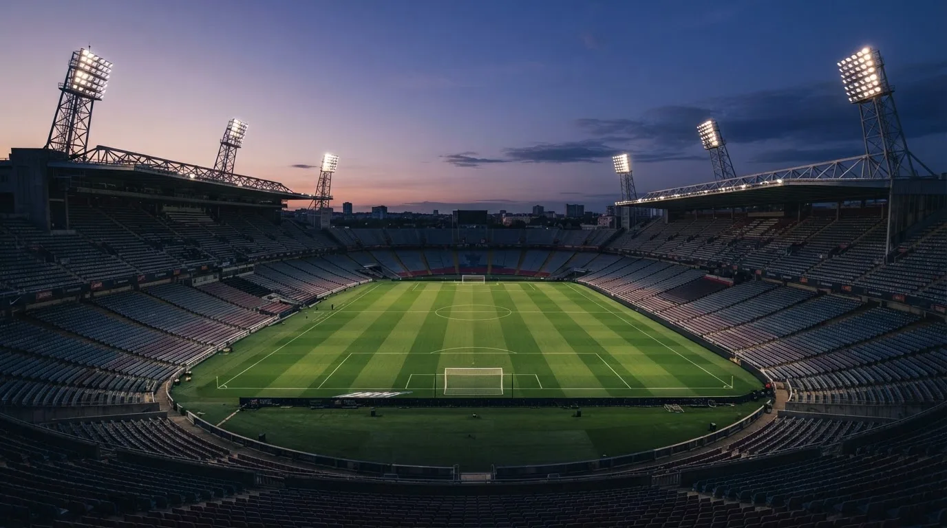 Een leeg voetbalstadion met lichtmasten bij schemering