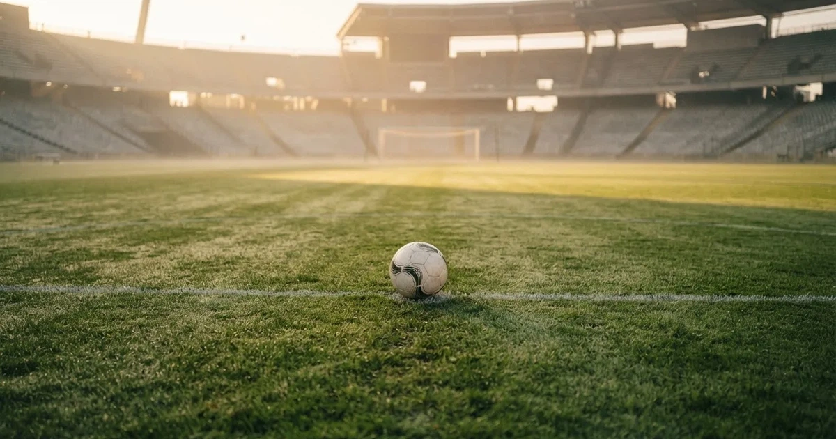 Een voetbal op de middenstip van een grasveld in het ochtendlicht