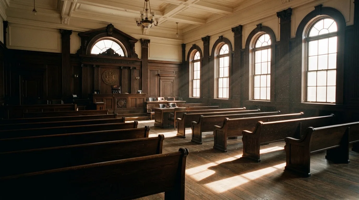 Een lege rechtszaal met houten banken in het ochtendlicht