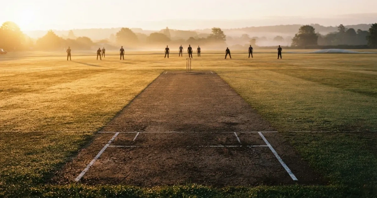 Een voetbal op de middenstip van een grasveld in het ochtendlicht