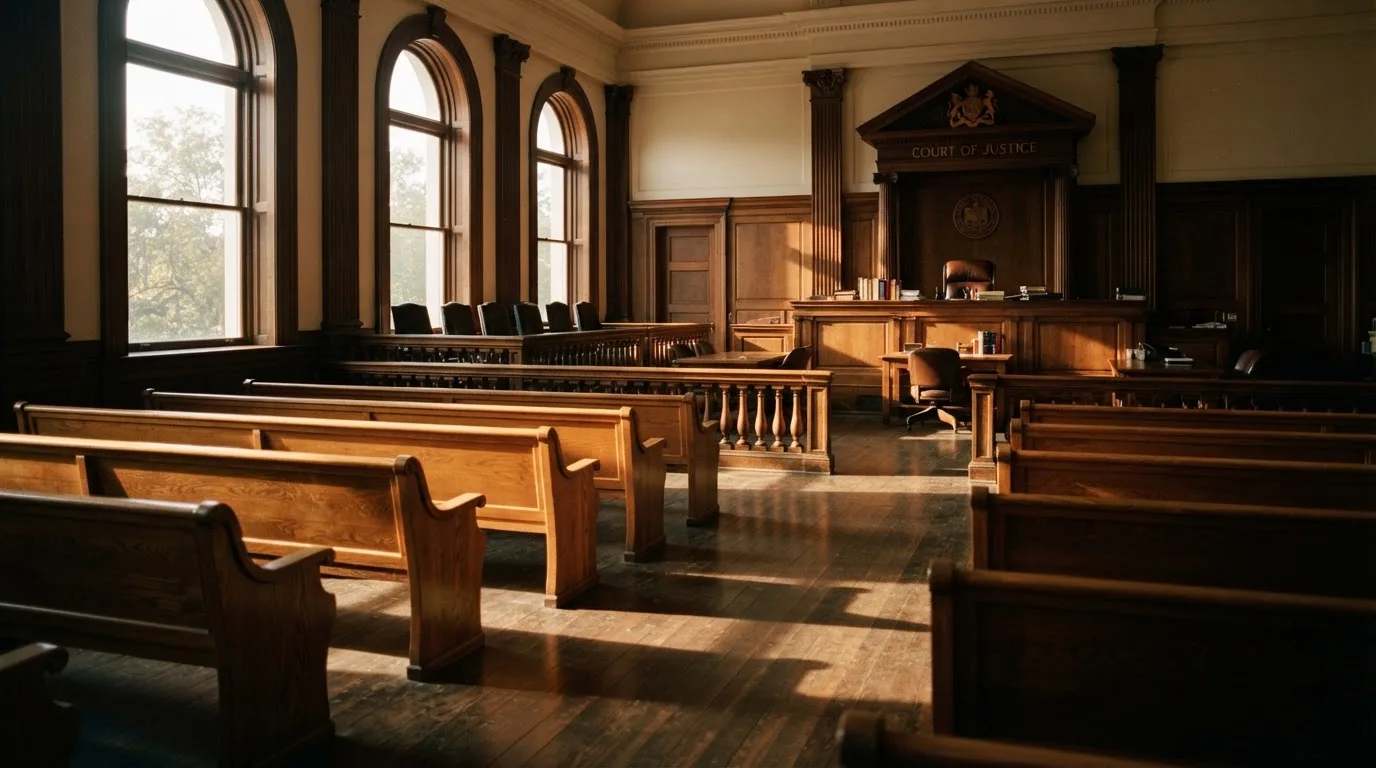 Een lege rechtszaal met houten banken in het ochtendlicht