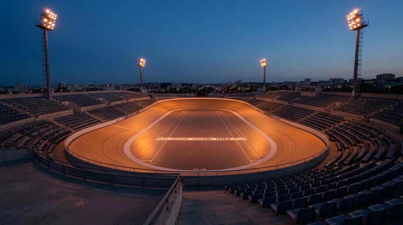 Een leeg voetbalstadion met lichtmasten bij schemering