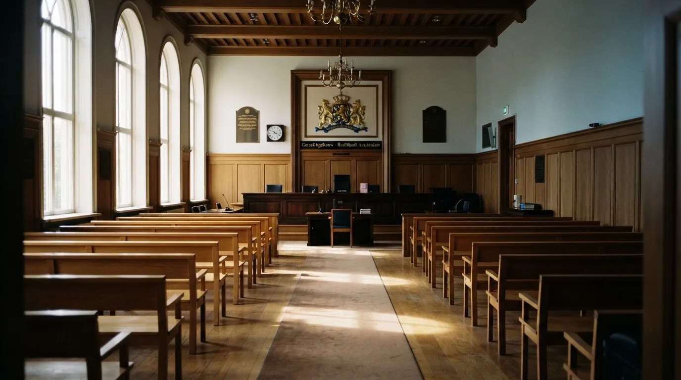 Een lege rechtszaal met houten banken in het ochtendlicht