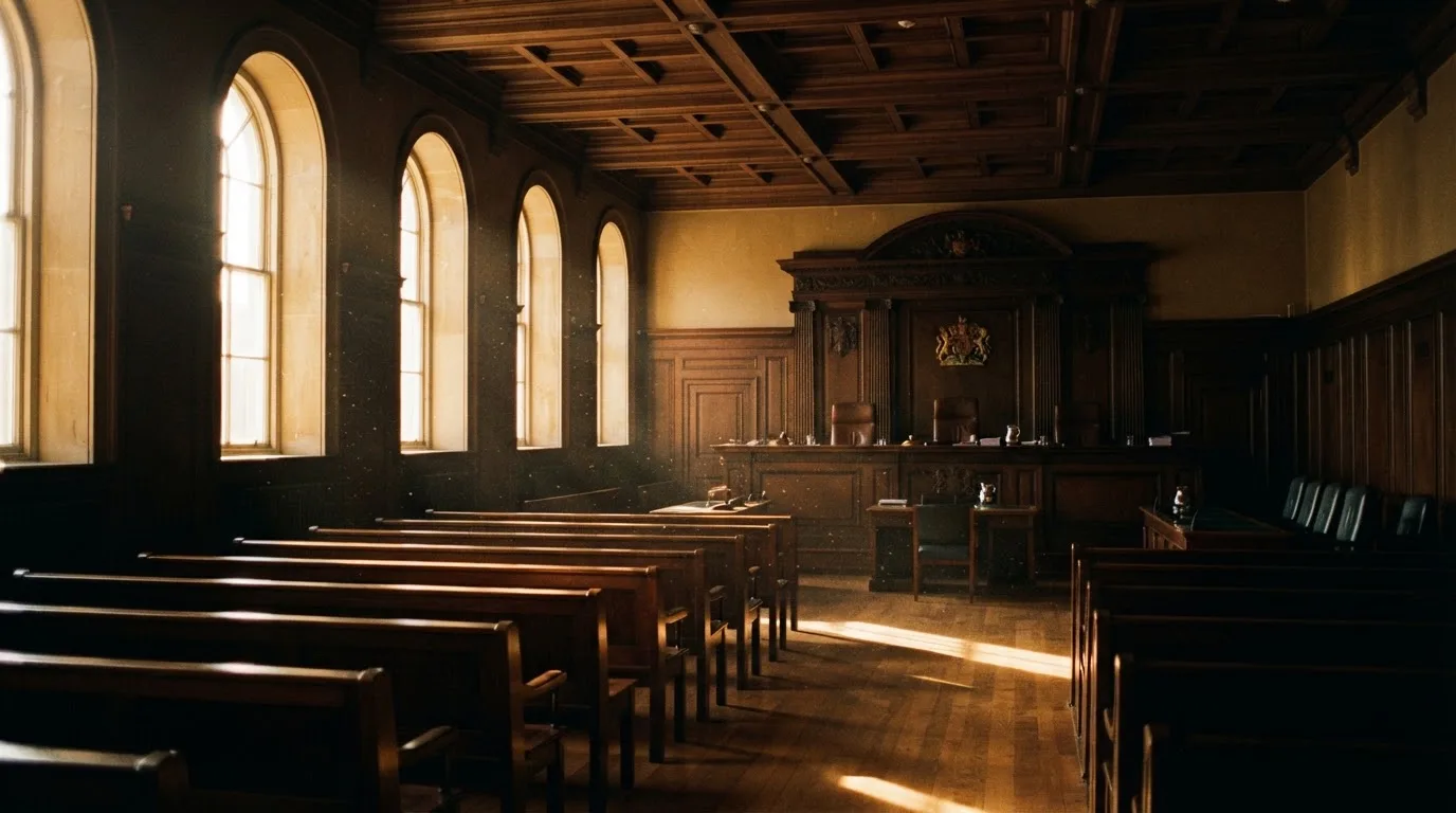 Een lege rechtszaal met houten banken in het ochtendlicht