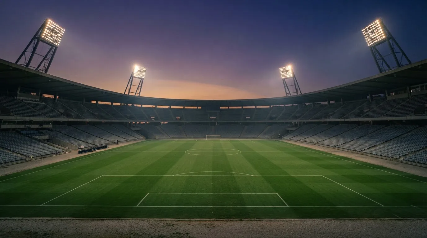 Een leeg voetbalstadion met lichtmasten bij schemering