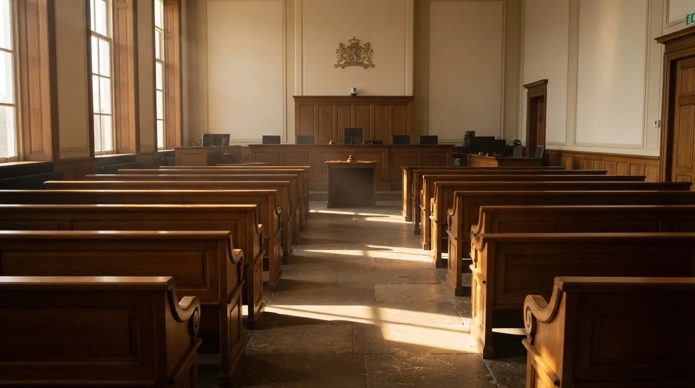 Een lege rechtszaal met houten banken in het ochtendlicht