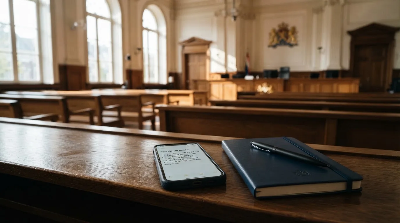 Een lege rechtszaal met houten banken in het ochtendlicht