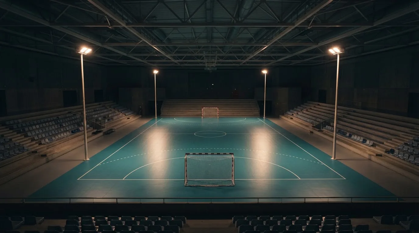 Een leeg voetbalstadion met lichtmasten bij schemering