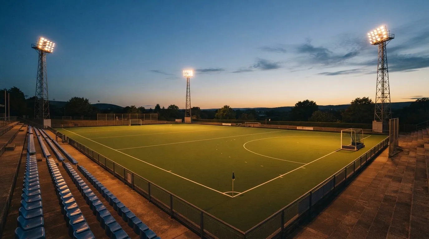 Een leeg voetbalstadion met lichtmasten bij schemering