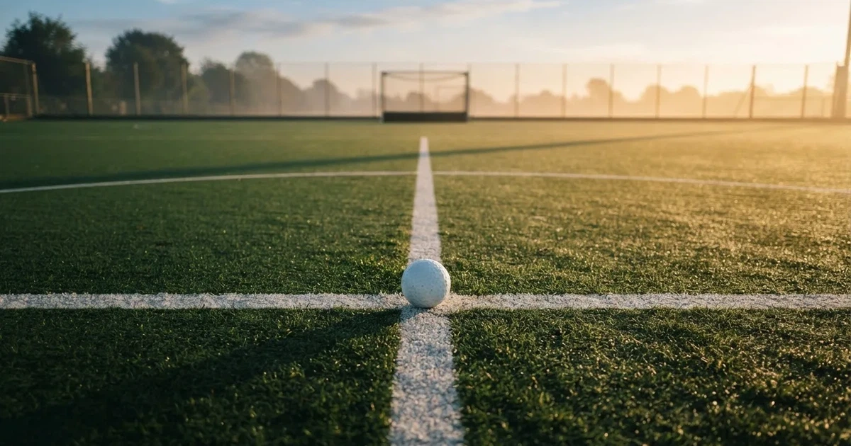 Een voetbal op de middenstip van een grasveld in het ochtendlicht