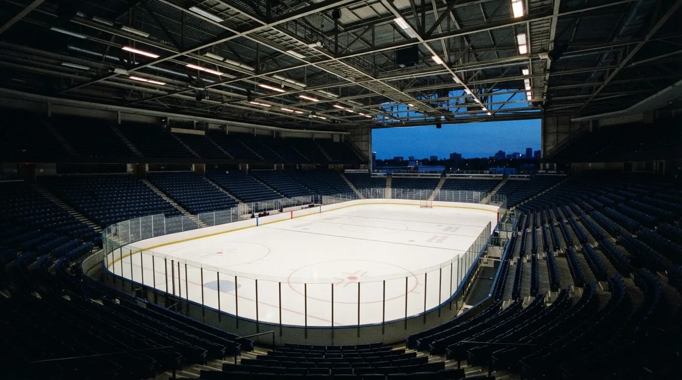 Een leeg voetbalstadion met lichtmasten bij schemering