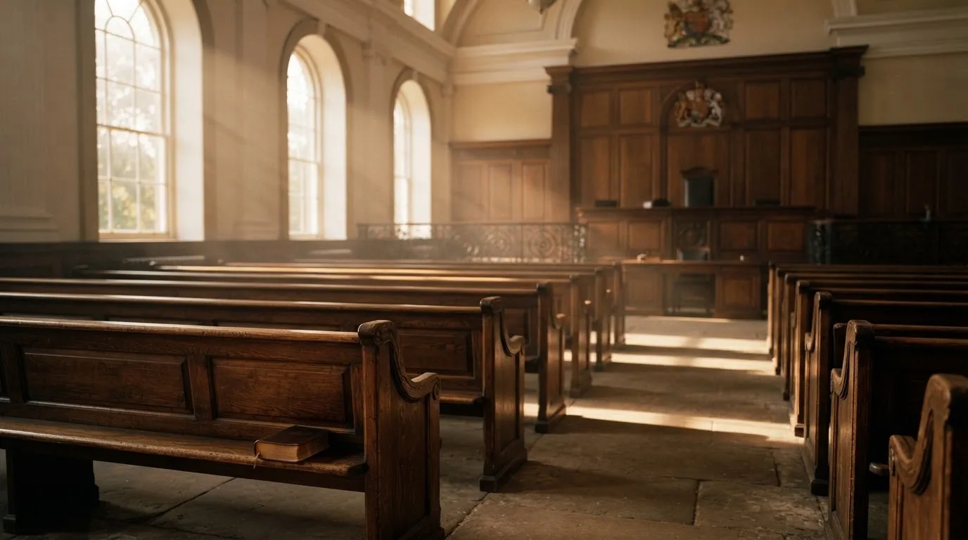 Een lege rechtszaal met houten banken in het ochtendlicht
