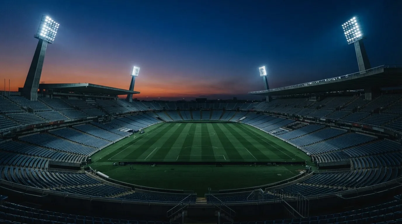 Een leeg voetbalstadion met lichtmasten bij schemering