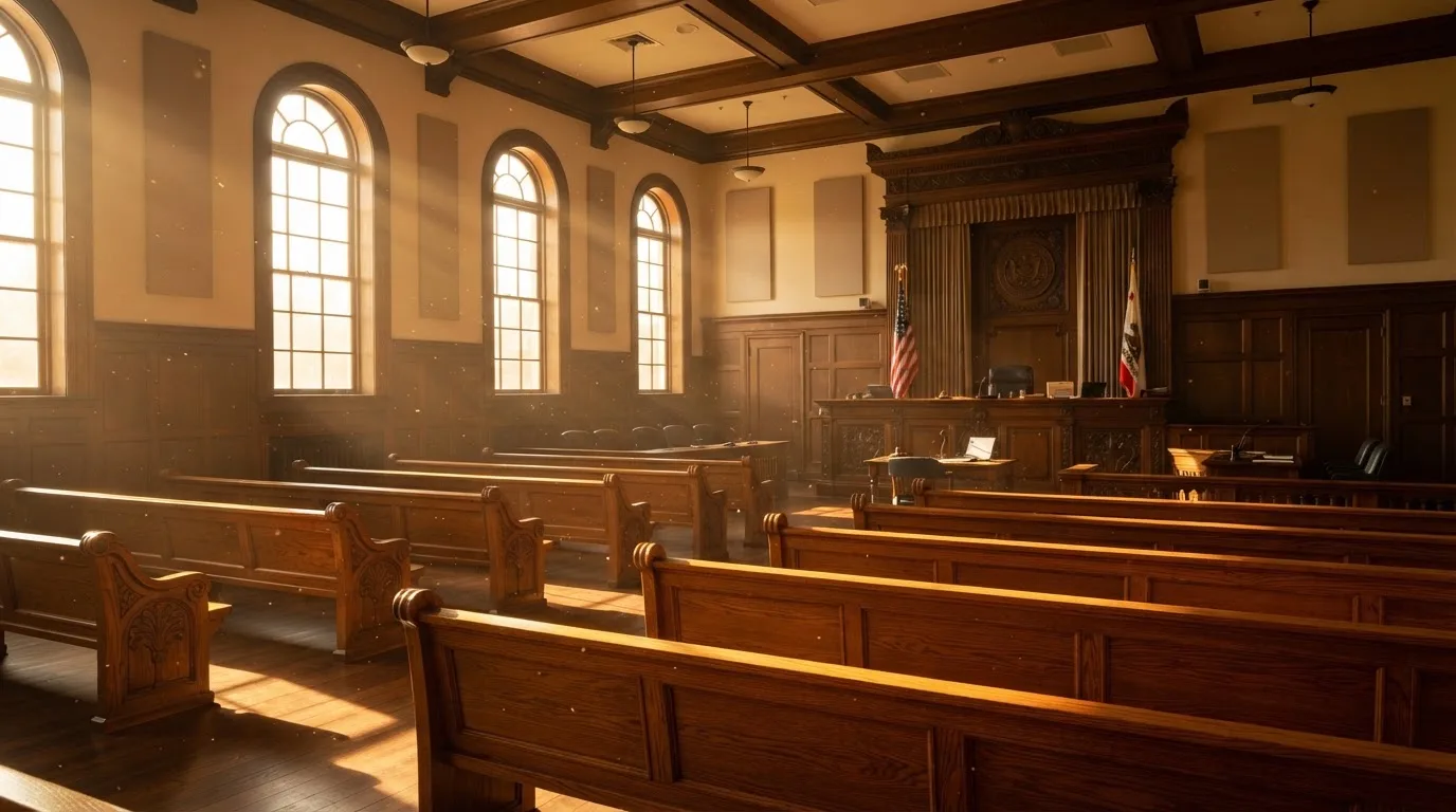 Een lege rechtszaal met houten banken in het ochtendlicht