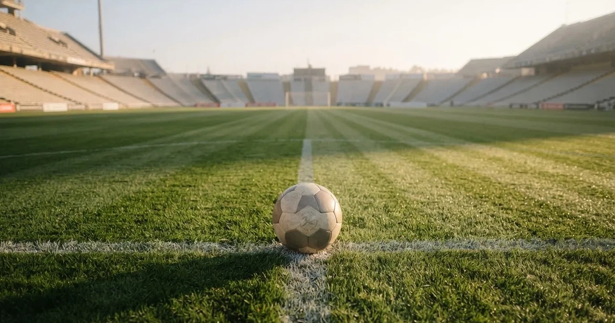 Een voetbal op de middenstip van een grasveld in het ochtendlicht