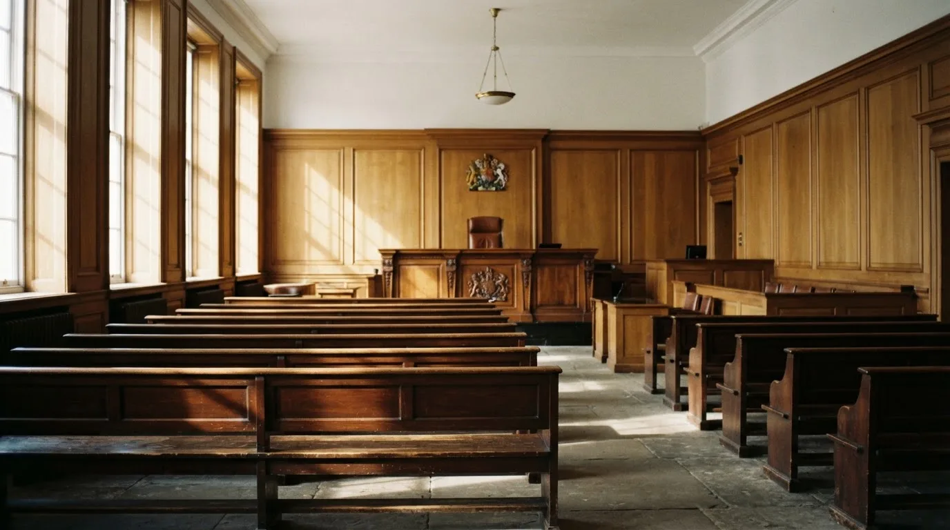 Een lege rechtszaal met houten banken in het ochtendlicht