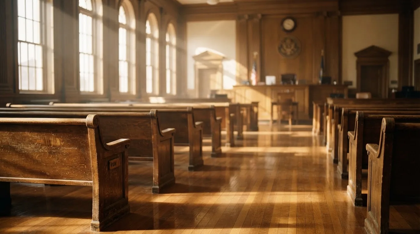 Een lege rechtszaal met houten banken in het ochtendlicht