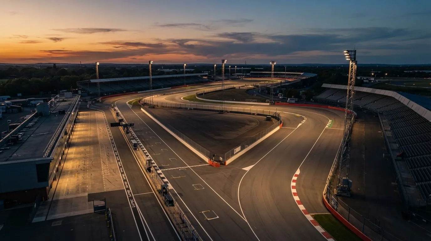 Een leeg voetbalstadion met lichtmasten bij schemering