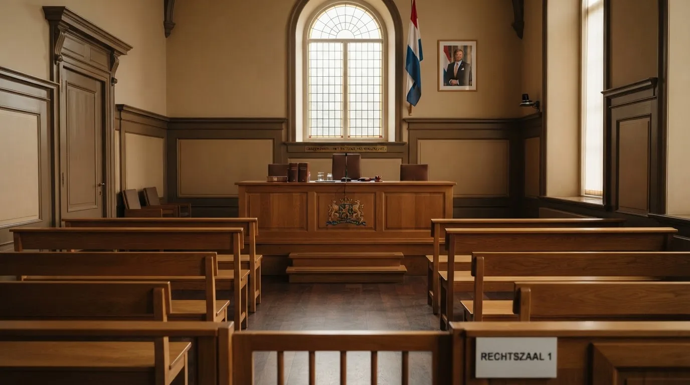 Een lege rechtszaal met houten banken in het ochtendlicht