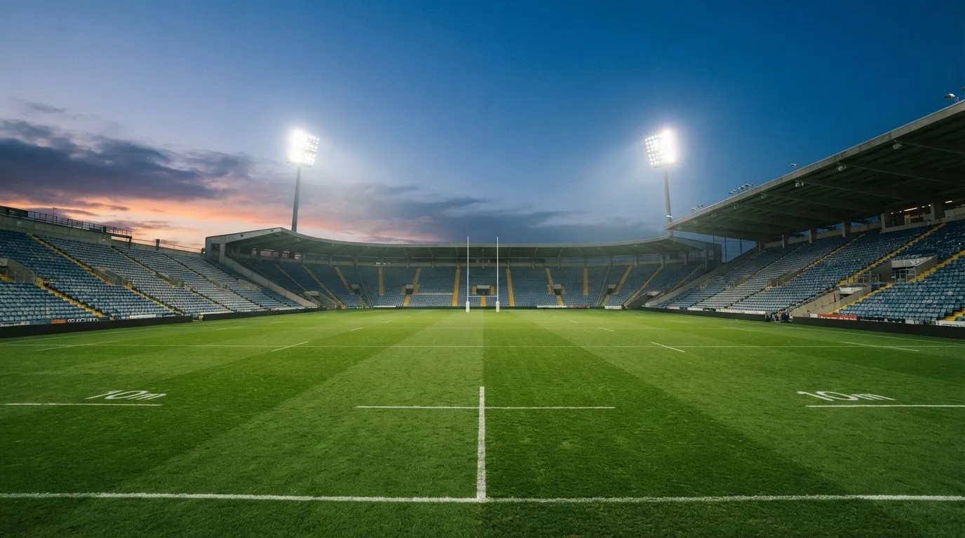 Een leeg voetbalstadion met lichtmasten bij schemering