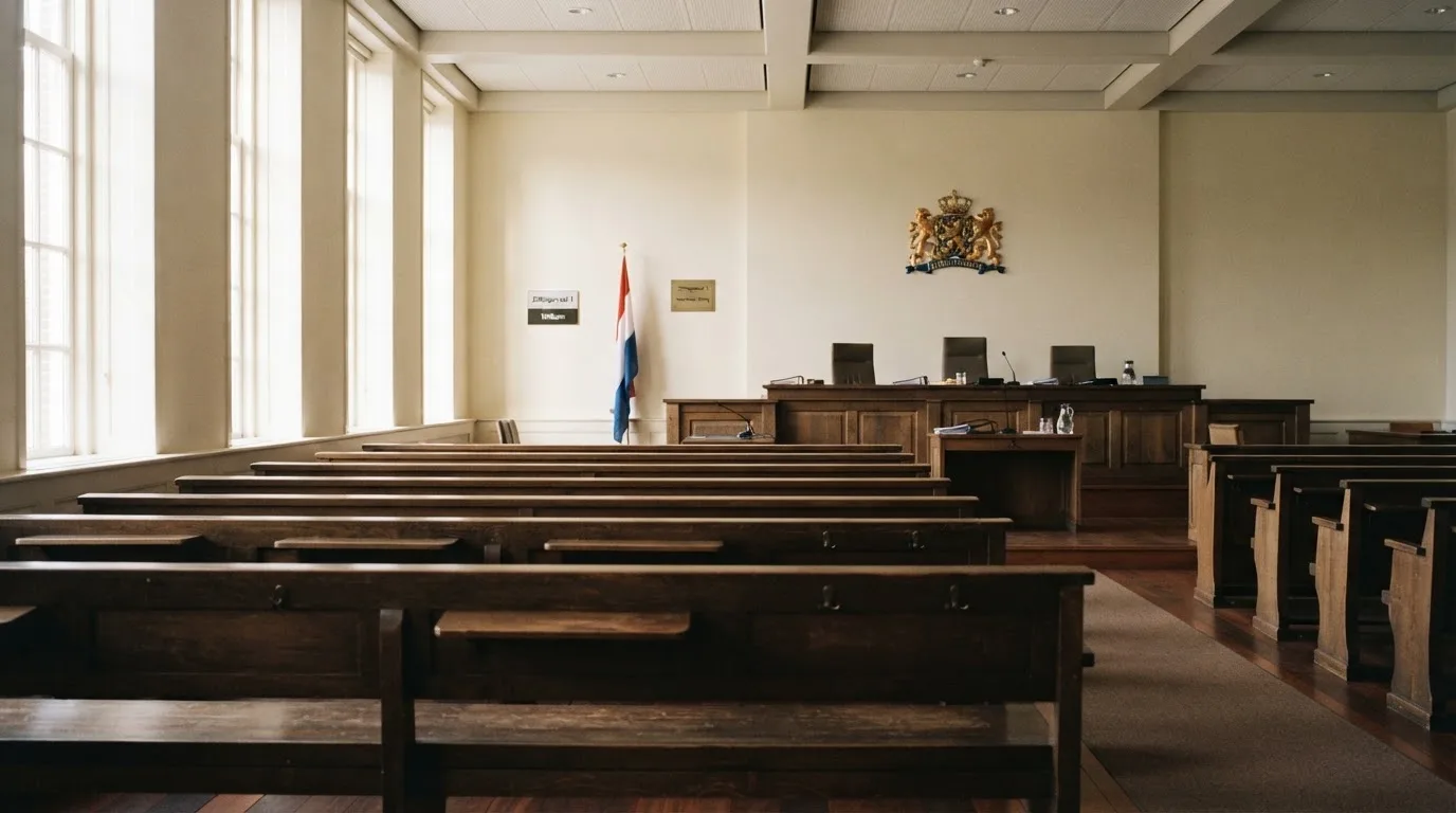Een lege rechtszaal met houten banken in het ochtendlicht