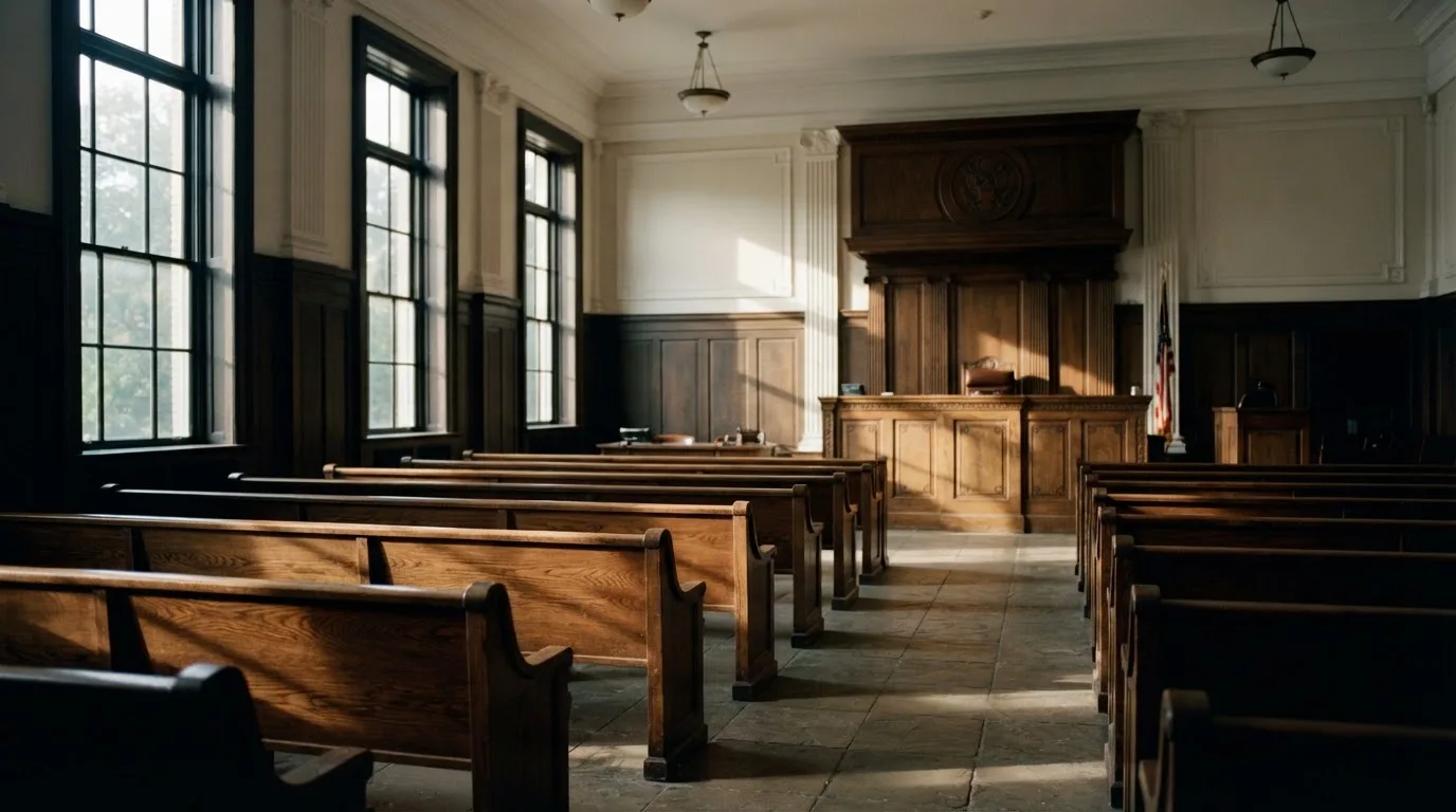 Een lege rechtszaal met houten banken in het ochtendlicht