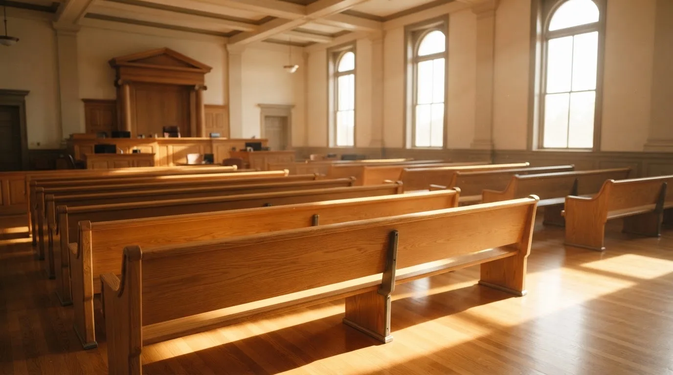 Een lege rechtszaal met houten banken in het ochtendlicht