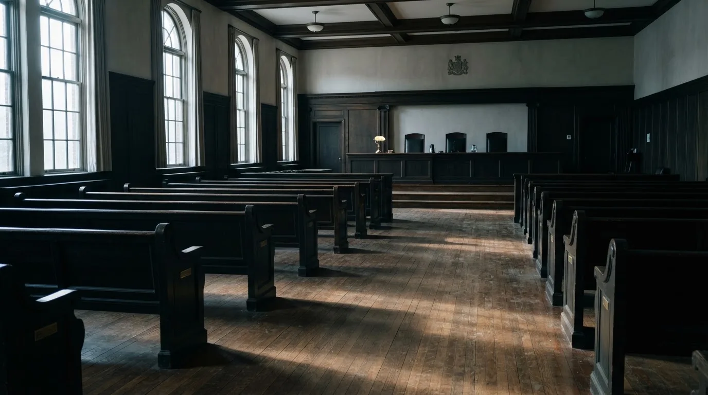 Een lege rechtszaal met houten banken in het ochtendlicht