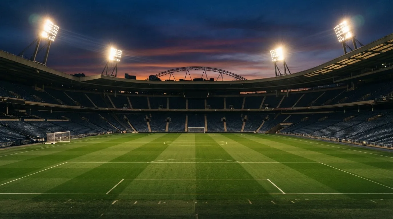 Een leeg voetbalstadion met lichtmasten bij schemering