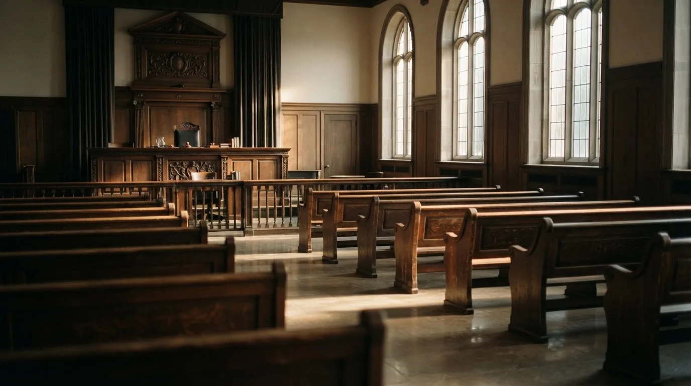 Een lege rechtszaal met houten banken in het ochtendlicht