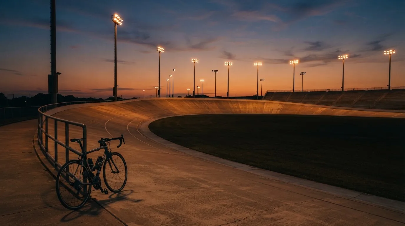 Een leeg voetbalstadion met lichtmasten bij schemering