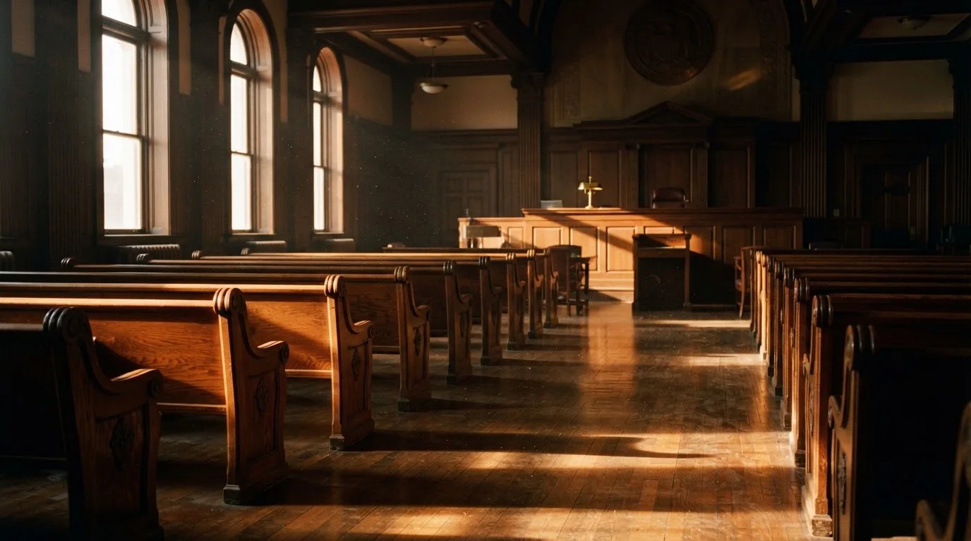 Een lege rechtszaal met houten banken in het ochtendlicht