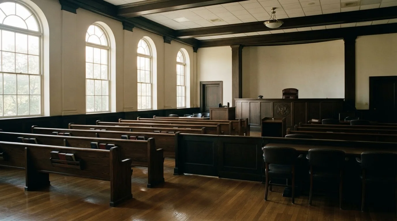 Een lege rechtszaal met houten banken in het ochtendlicht
