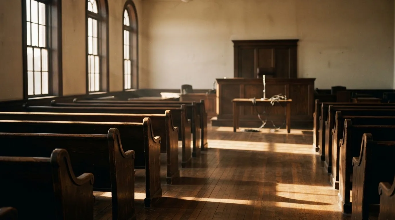 Een lege rechtszaal met houten banken in het ochtendlicht
